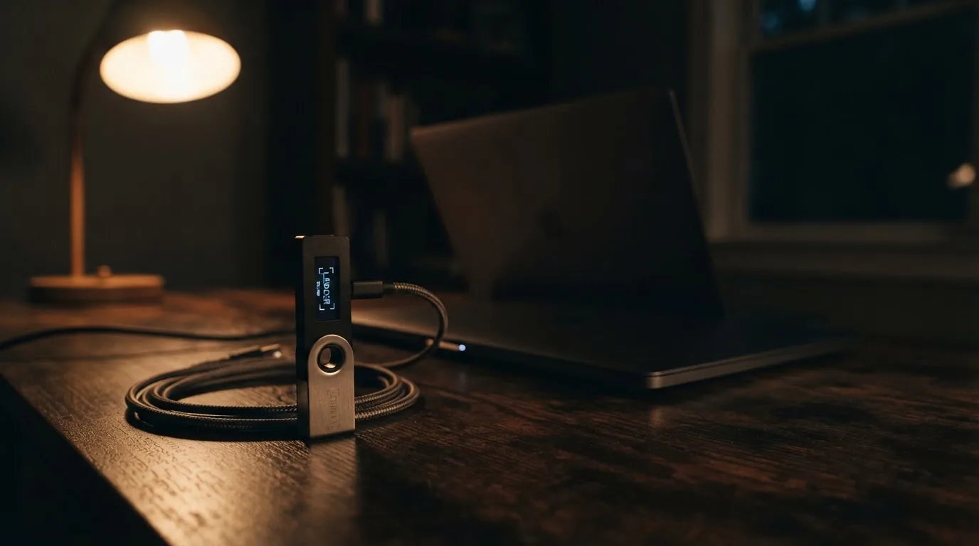 A hardware wallet and a closed laptop on a desk in dim light