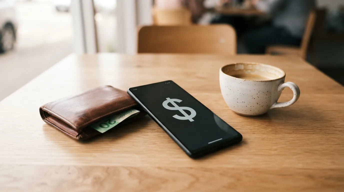 A smartphone on a wooden table beside a wallet and a coffee cup