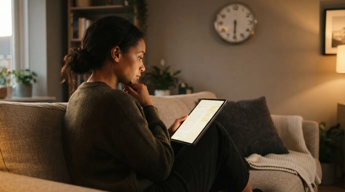 A person on a sofa looking thoughtfully at a tablet, a wall clock in the background
